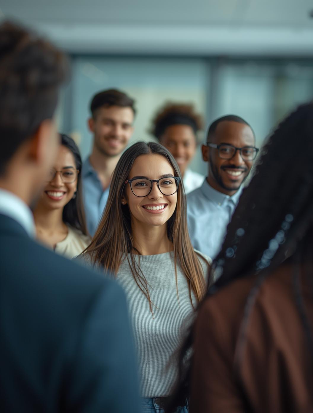 A diverse team of professionals smiling and engaged in conversation