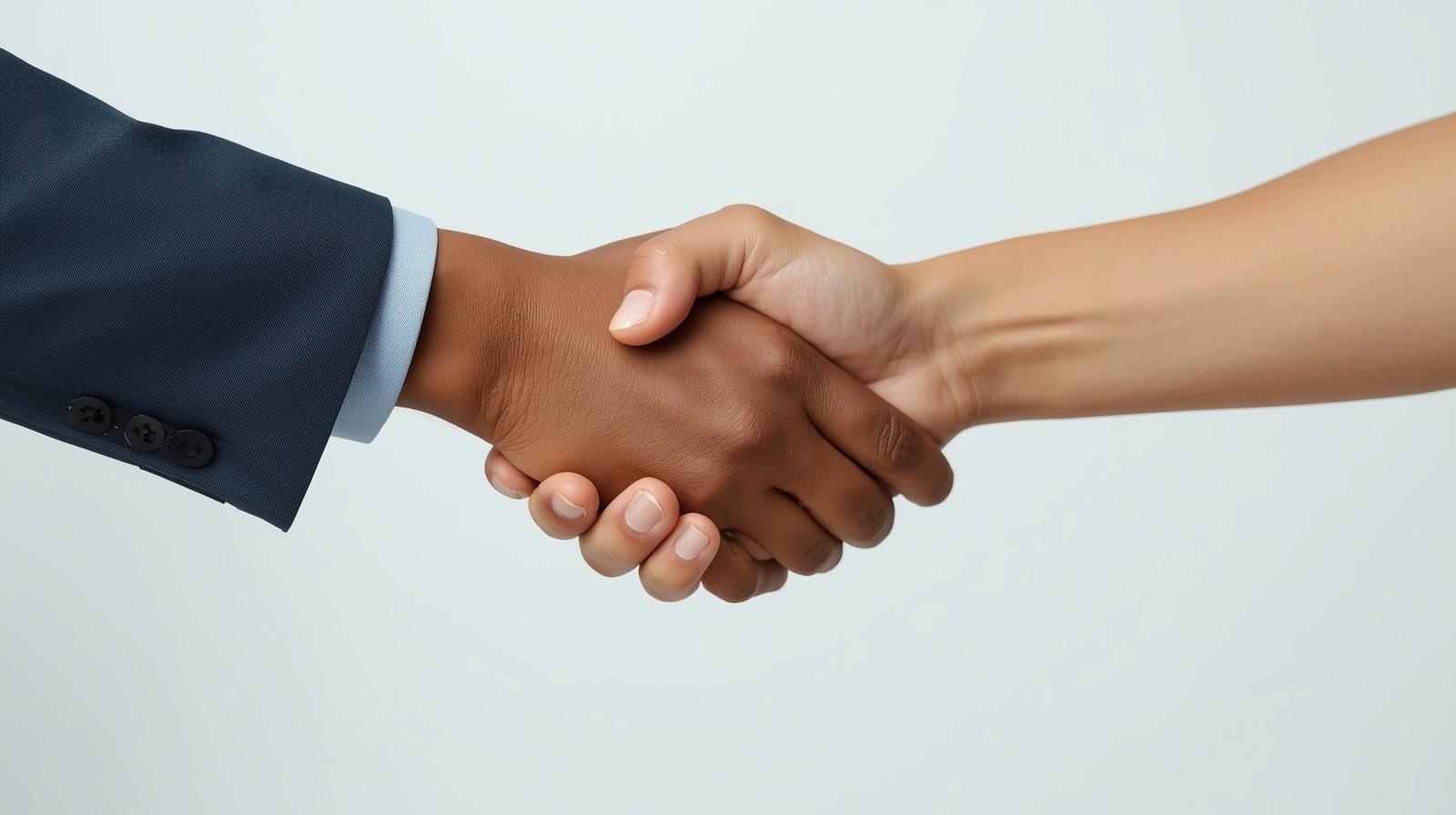 A handshake between two people from different backgrounds, symbolizing bridging divides