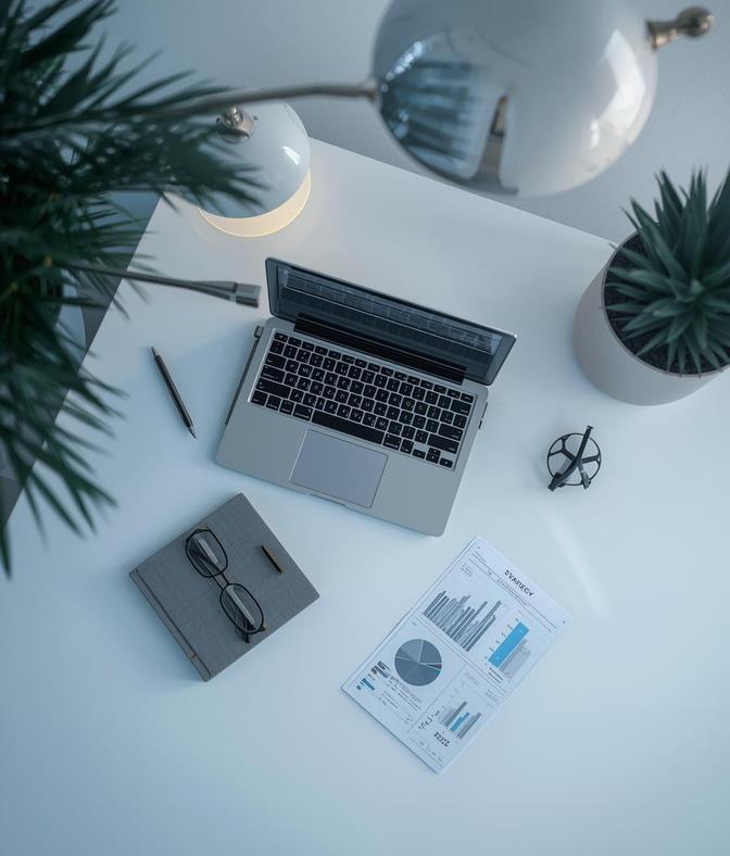 A laptop, notebook and analytics report on a clean desk