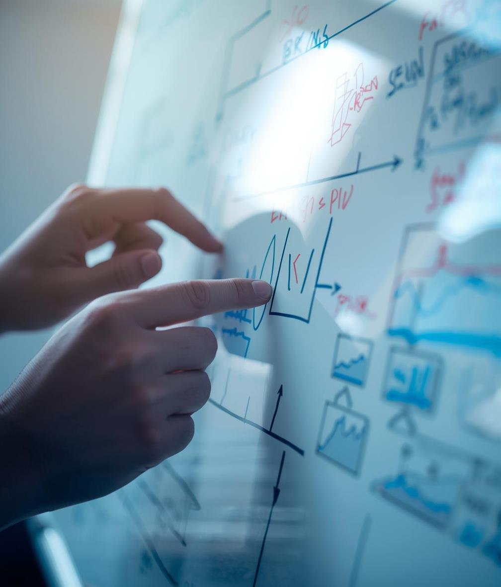 Hands pointing at a strategy whiteboard covered in diagrams