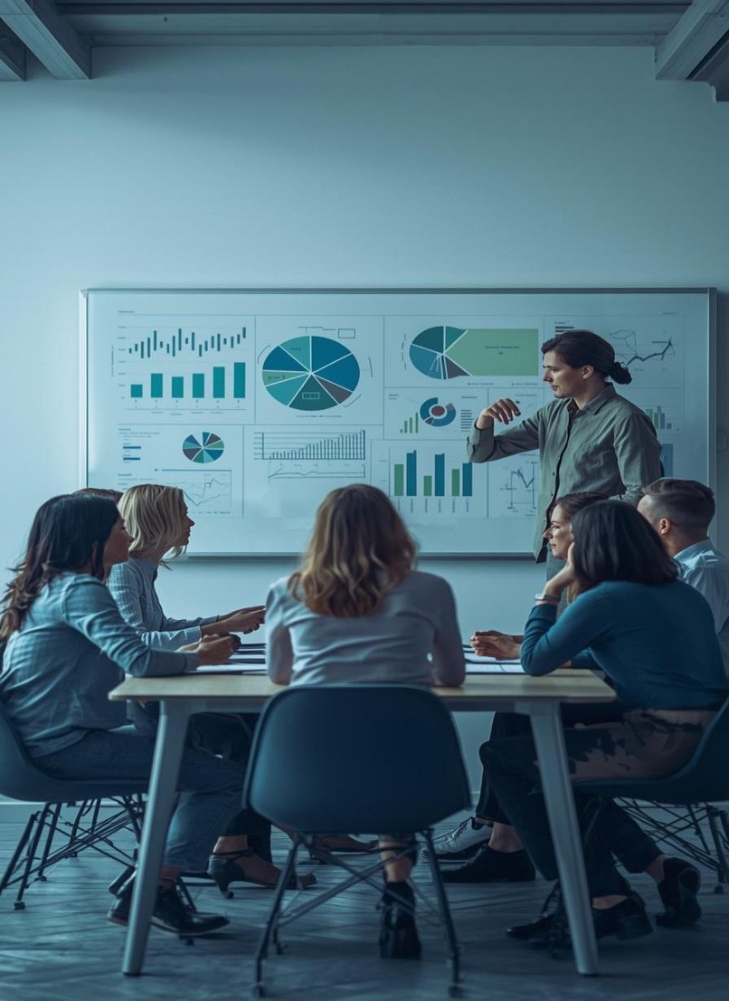 A team in a boardroom meeting reviewing data on a wall display