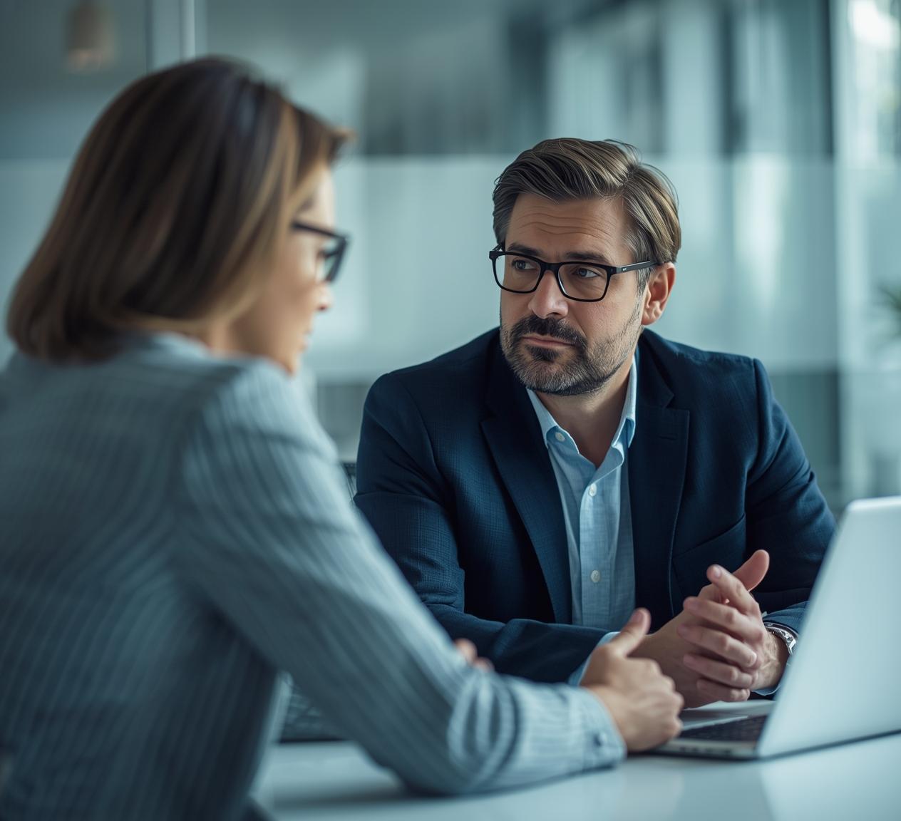 Two business professionals in conversation in a modern office