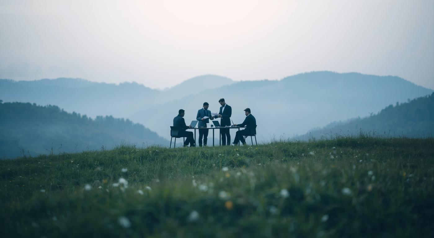 A small team strategizing around a table with a misty mountain landscape behind them