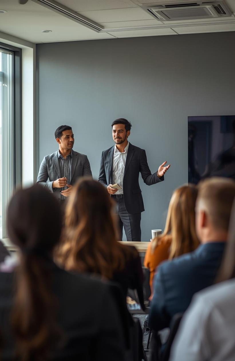 Speakers presenting to an engaged audience in a modern room
