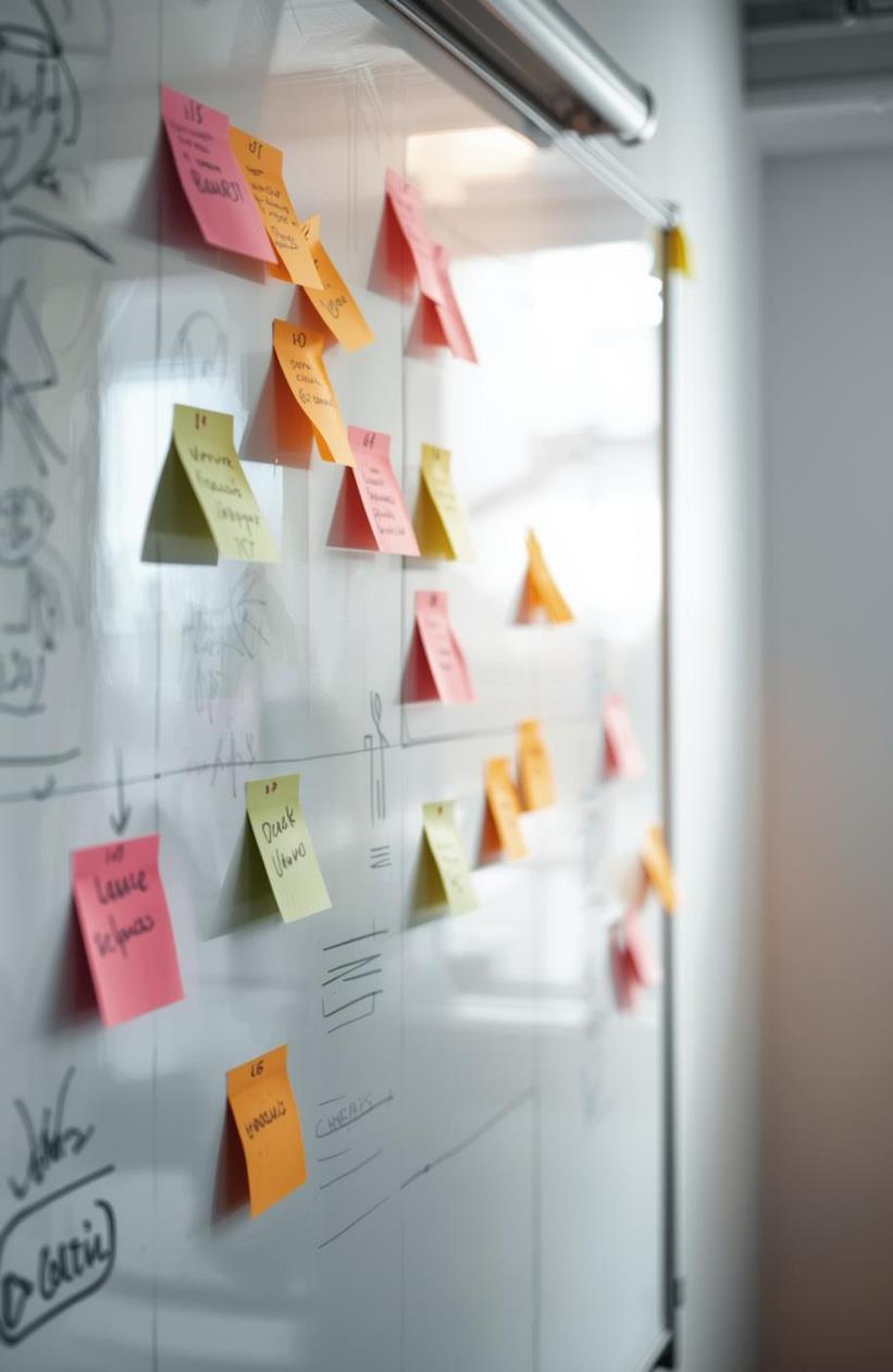 A wall covered in colorful sticky notes mapping a project