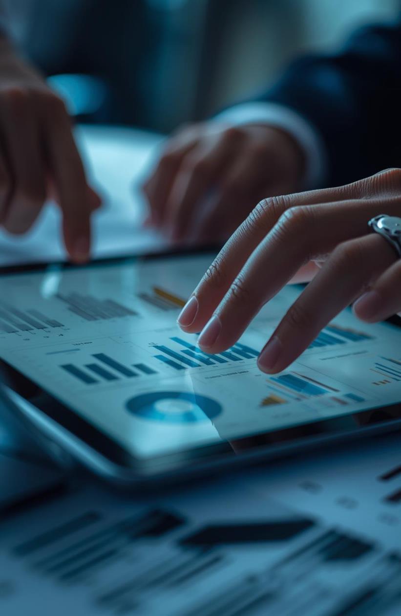 Hands reviewing data dashboards on a tablet