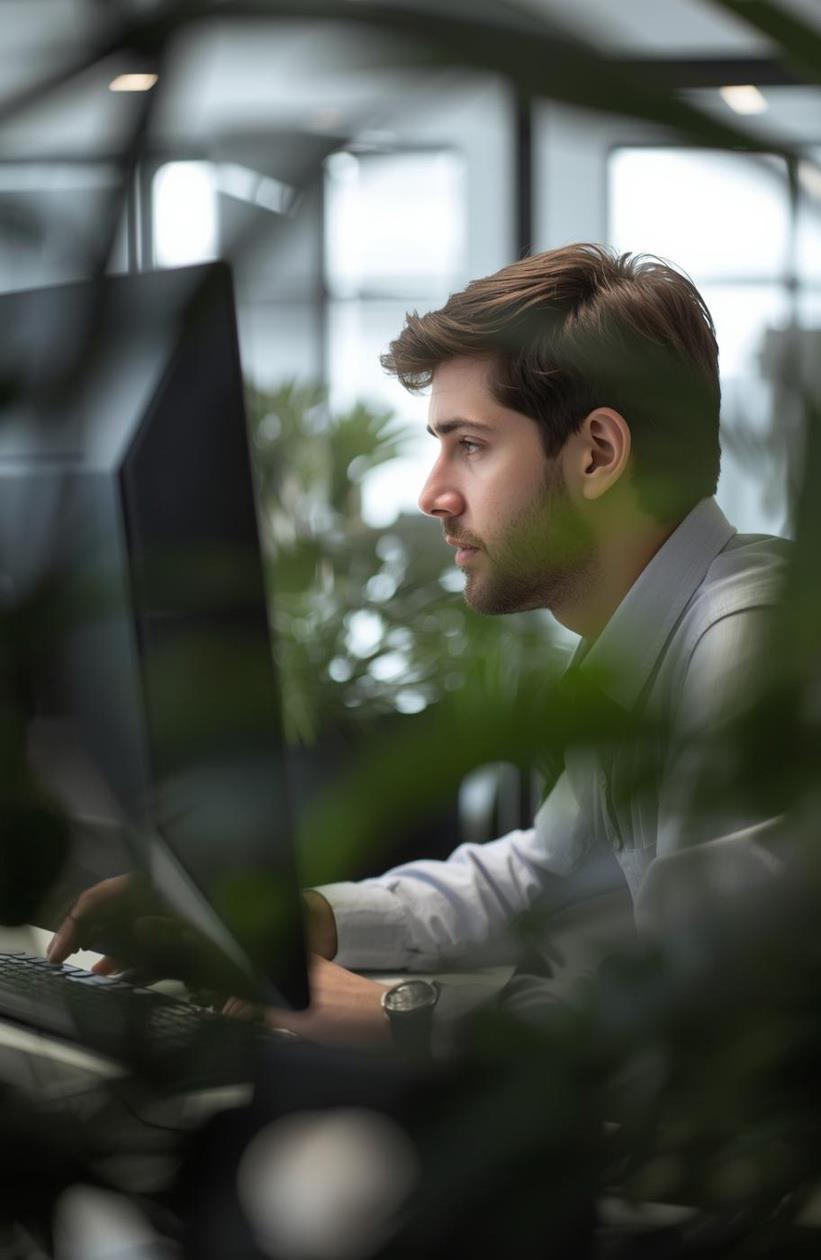 A focused professional working at a computer