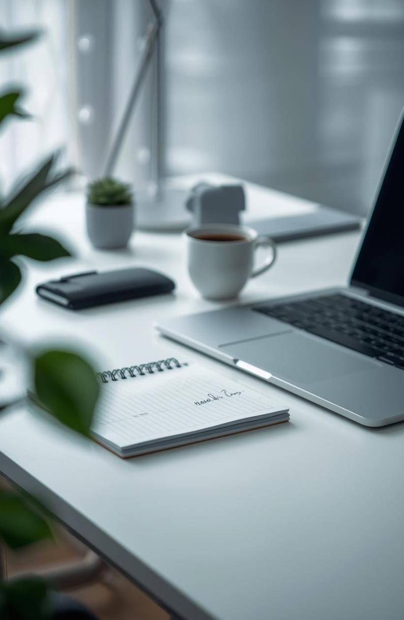 A clean desk with notebook, coffee, and a small plant